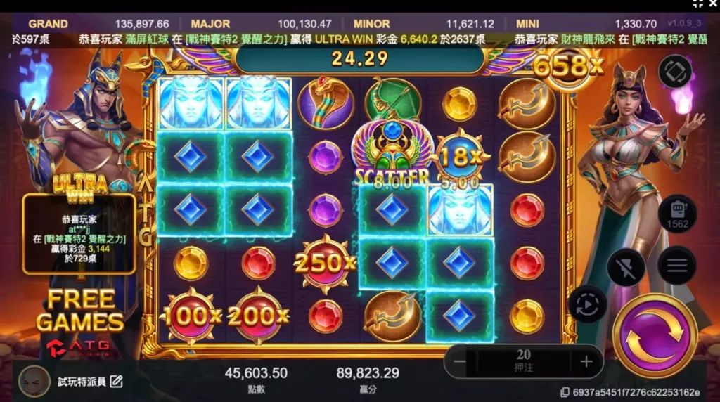 戰神賽特2覺醒之力高倍數爆擊畫面,25x倍數連跳與SCATTER符號同時出現。