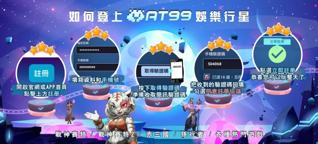 AT99娛樂城註冊流程教學圖,包含填寫資料、手機驗證碼與帳號開通步驟