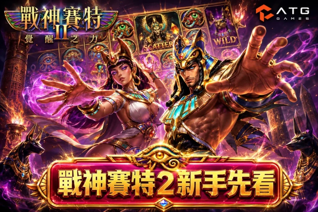 戰神賽特2新手教學圖片,介紹ATG戰神賽特2覺醒之力、Scatter、Wild與免費遊戲玩法特色。
